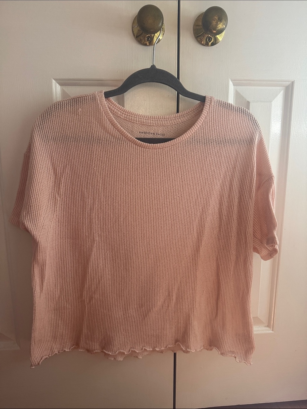 American Eagle Outfitters Blush Pink Ribbed Short Sleeve Crop Top